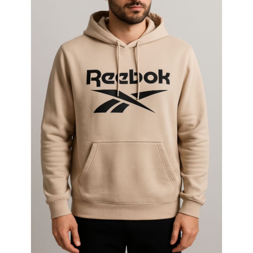 Reebok Men’s Beige Pullover Hoodie XL Spell Out Front Pouch Pocket Sweatshirt